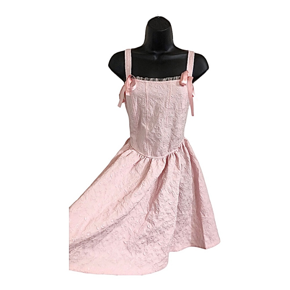 Trixxi pink lace trim satin bow fit & flare brocade look short dress size medium